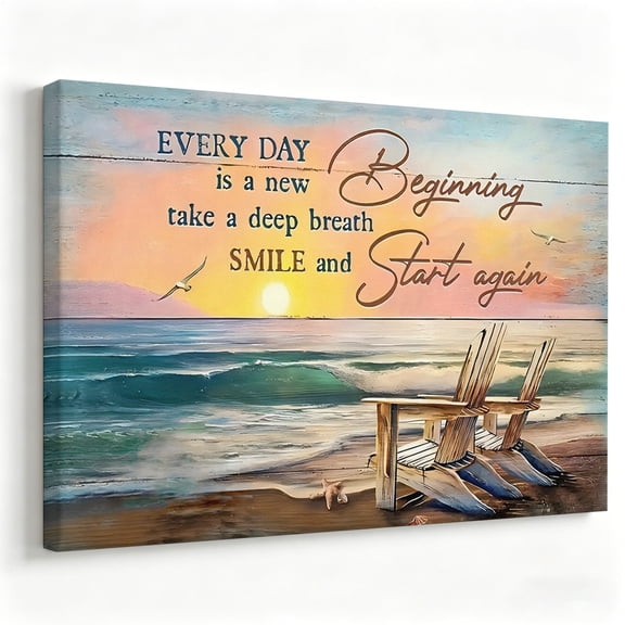 Every Day Is A New Beginning Canvas Wall Art Beach Chair Painting Inspirational Quote Poster Sunrise Ocean Living Room Farmhouse Decor Print Ready to Hang 12*16
