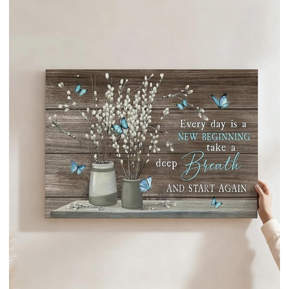 Every Day Is A New Beginning Canvas Wall Art, Rustic Farmhouse Decor, Blue Butterfly Floral Artwork For Bedroom, Bathroom, Living Room, Ready To Hang 12*18inch(30*45cm)