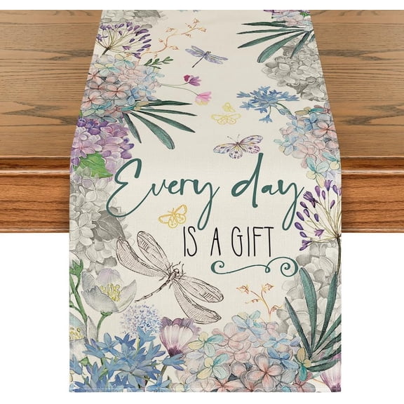 Every Day is A Gift Dragonfly Hydrangea Spring Table Runner, Seasonal Summer Kitchen Dining Table Decoration for Home Party Decor 13x72 Inch