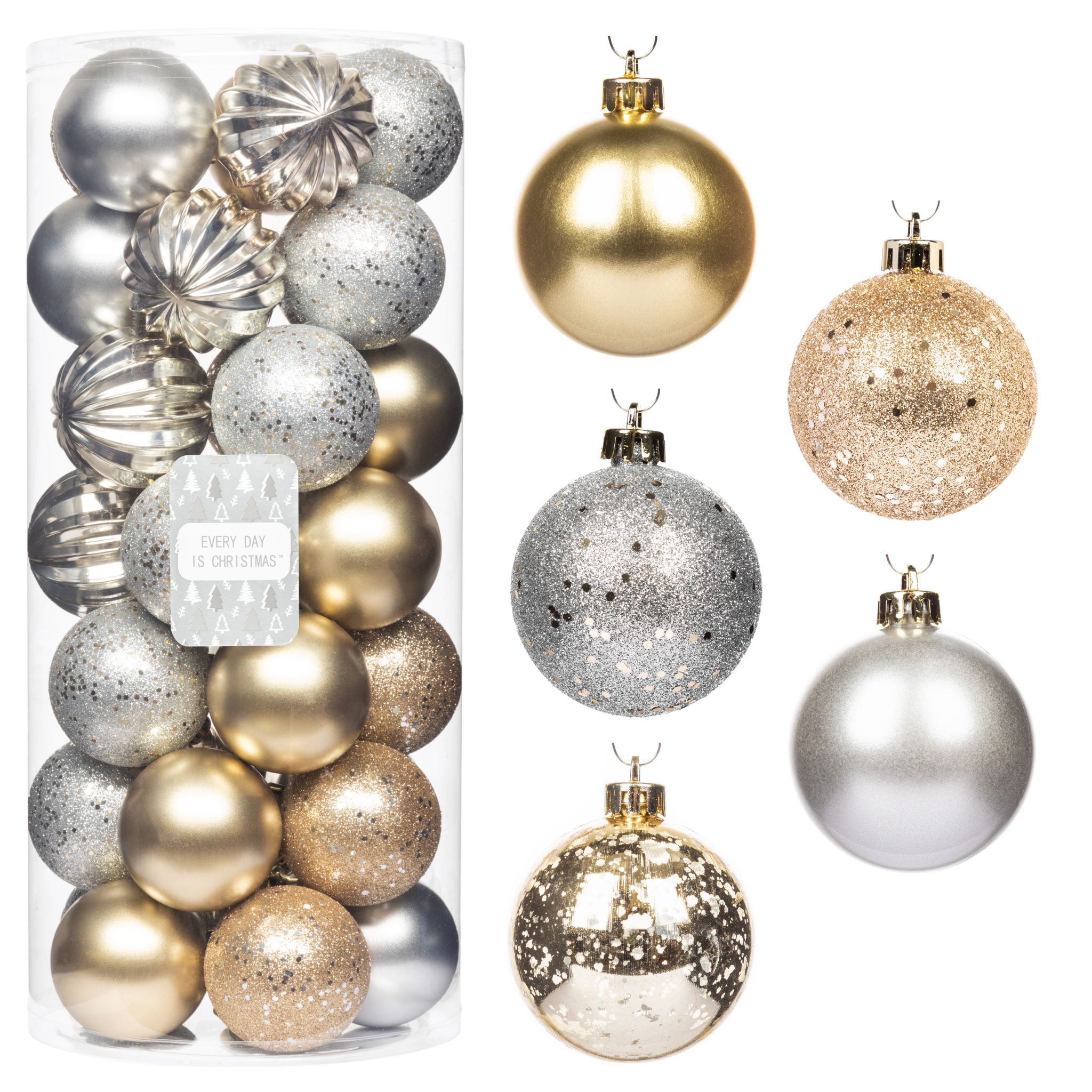 Every Day is Christmas Ornaments, Shatterproof Christmas Tree Ornament Set,  Christmas Balls Decoration 35 Count (2.75/70mm, Gold Iridium)