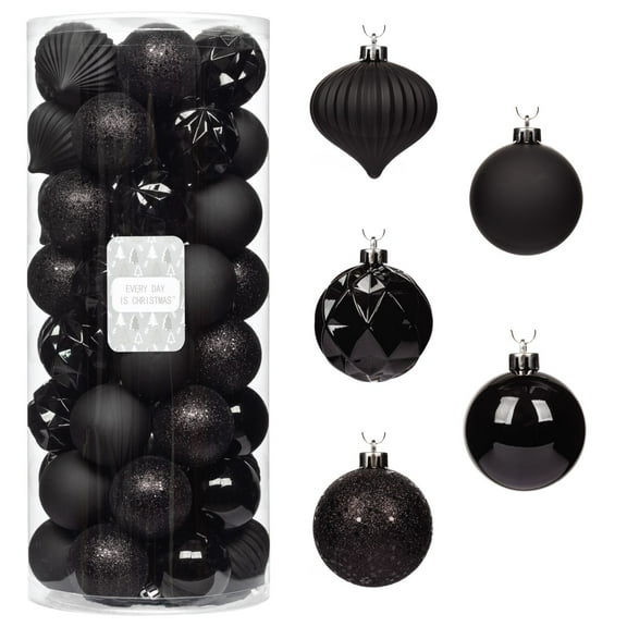 Every Day is Christmas Ornaments, Shatterproof Christmas Tree Ornament Set, Christmas Balls Decoration 50 Count (2.24"/57mm, New Black)