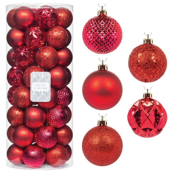 Every Day is Christmas 50ct 57mm/ 2.24' Christmas Ornaments, Shatterproof Christmas Tree Ornaments Set, Christmas Balls Decoration (New Red)