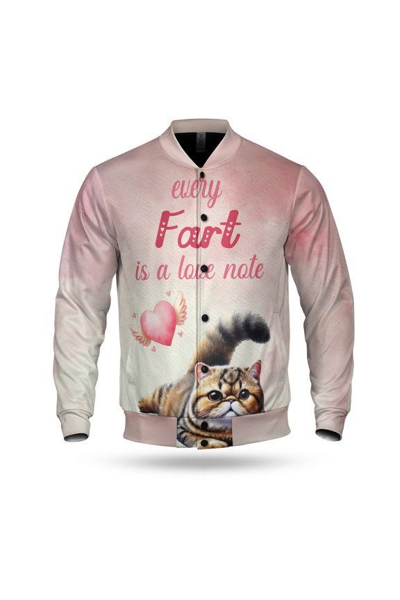 Every Fart is Love Note Exotic Shorthair Guilty Face Happy Valentine's All Over Print 3D Baseball Jacket Cat Lover Kitten Owner Gifts Bomber Jacket Softball - 01016