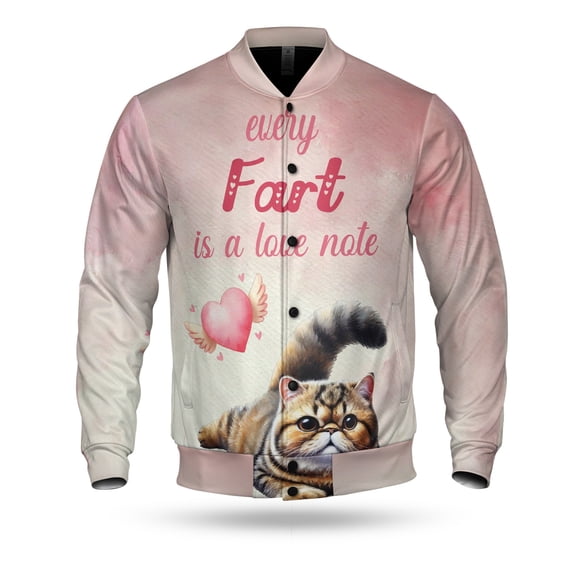 Every Fart is Love Note Exotic Shorthair Guilty Face Happy Valentine's All Over Print 3D Baseball Jacket Cat Lover Kitten Owner Gifts Bomber Jacket Softball - 01016