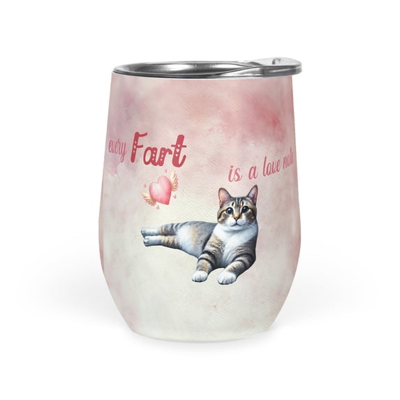 Every Fart is Love Note Manx Guilty Face Happy Valentine's 12oz Stainless Steel Wine Tumbler Insulated Cup with Lid Cat Lover Kitten Owner Gifts - 01016