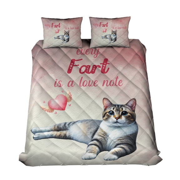 Every Fart is Love Note Manx Guilty Face Happy Valentine's Quilt Bedding Set Cat Lover Kitten Owner Gifts 1 Blanket Bed Cover 2 Pillowcases - 01016