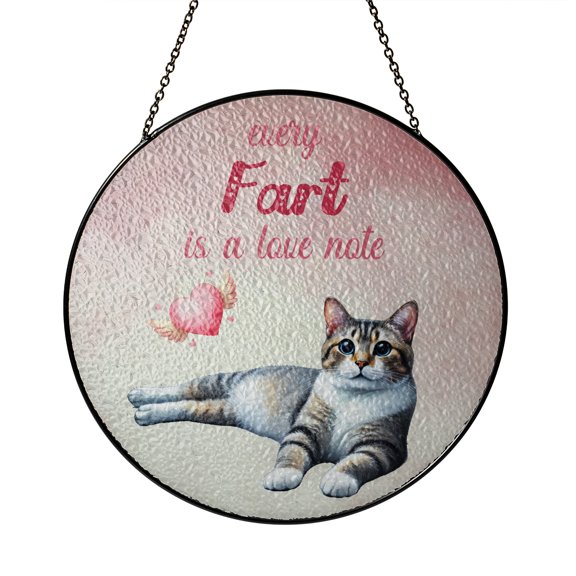Every Fart is Love Note Manx Guilty Face Happy Valentine's Stained Glass Suncatcher Cat Lover Kitten Owner Gifts Window Hanging Sign Decor - 01016