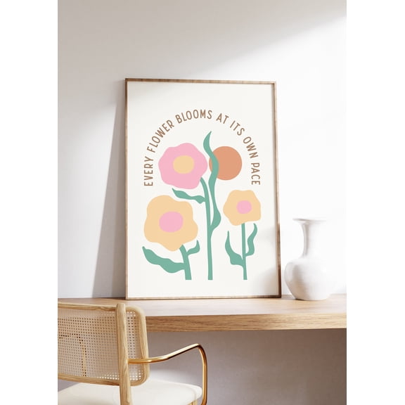 Every Flower Blooms At Its Own Pace , Positive Quote , Mindful Inspirational , Trendy Retro Art, Boho Floral Unframed Paper Print