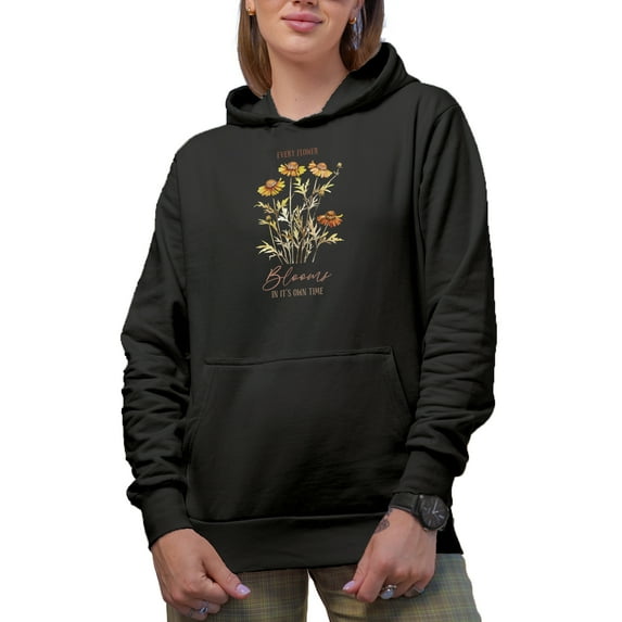Every Flower Blooms in It's Own Time, Watercolor Yellow Coneflower Art Merch Gift, Black Hooded Sweatshirt or Hoodie, Small