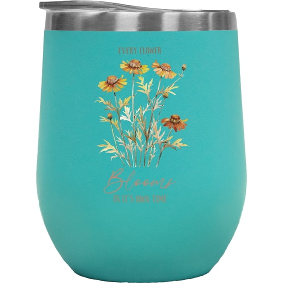 Every Flower Blooms in It's Own Time, Watercolor Yellow Coneflower Art Merch Gift, Mint 12oz Wine Tumbler
