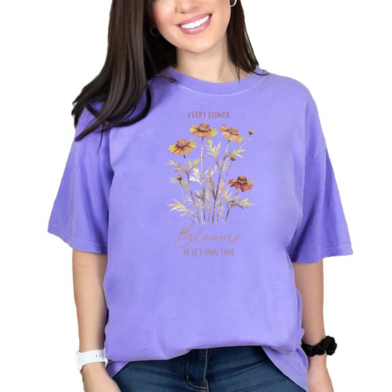 Every Flower Blooms in It's Own Time, Watercolor Yellow Coneflower Art, Violet Comfort Colors T-Shirt, Large