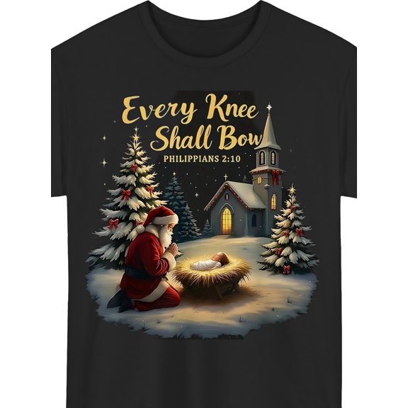 Every Knee Shall Bow Philippians 2 10 Santa Claus Kneeling Before Nativity Scene Christmas Snowy Winter Religious Graphic Cotton Men's Women's Tee Shirt
