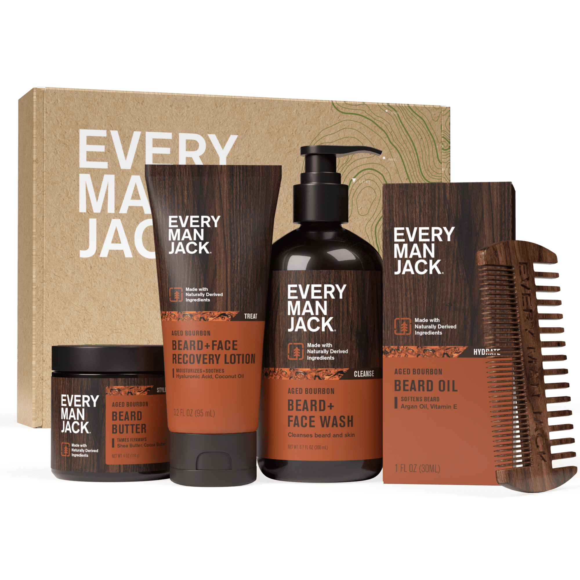 Every Man Jack Aged Bourbon Beard Bundle, Oil, Wash, Butter, Lotion and Comb