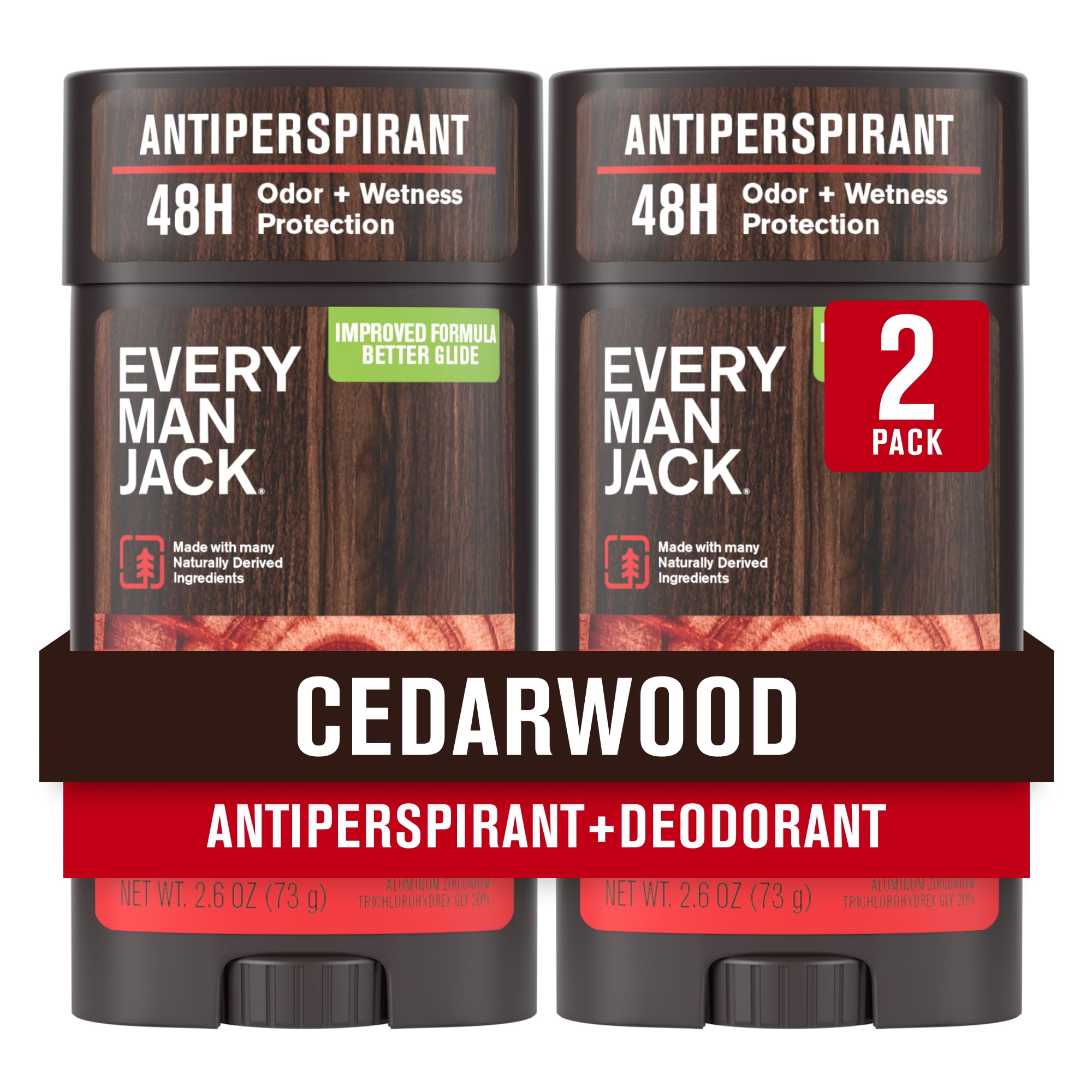 Every Man Jack Antiperspirant Deodorant for Men, Cedarwood, Stick Twin Pack, 2.6oz each