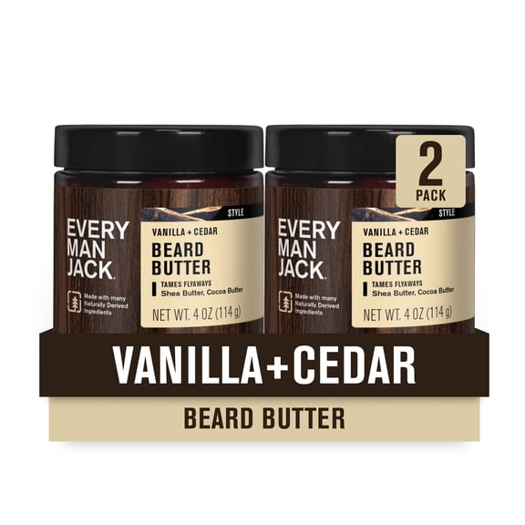 Every Man Jack Beard Butter- Vanilla & Cedar Fragrance - Hydrates and Styles Dry, Unruly Beards While Relieving Itch - Naturally Derived w/ Shea Butter & Coconut Oil - 4 oz (2 Pack)