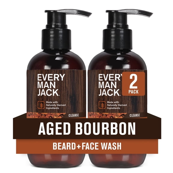 Every Man Jack Beard + Face Wash - Subtle Aged Bourbon Fragrance - Cleans and Helps Condition and Soften Your Beard and Skin Underneath - Naturally Derived with Aloe and Glycerin- 6.7 fl oz (2 Pack)