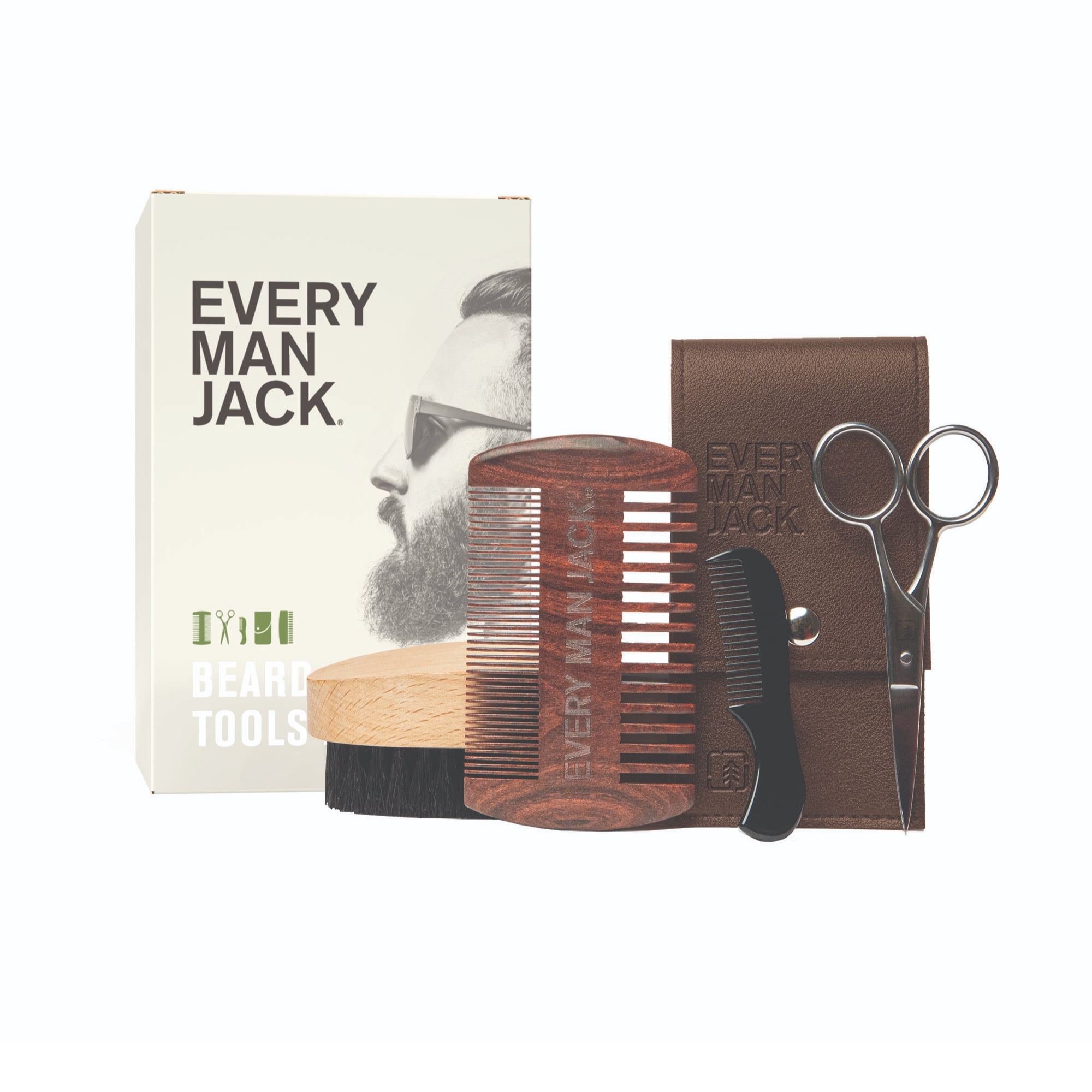 Every Man Jack Beard Grooming Tool Set - Dual Tooth Beard Comb, Medium Stiffness Beard Brush, Stainless Steel Sheers with Mini Comb