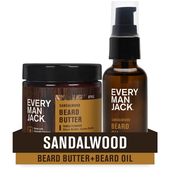 Every Man Jack Beard Oil & Beard Bundle - Sandalwood Fragrance - Rejuvenates, Hydrates & Styles Dry Beards - Naturally Derived with Cocoa Butter and Shea Butter