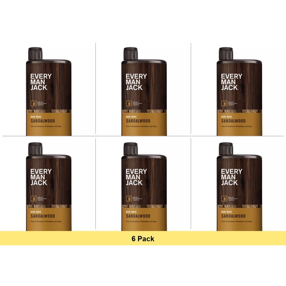 Every Man Jack Body Wash and Shower Gel, Sandalwood, 16.9 Oz - 6 Pack Bundle