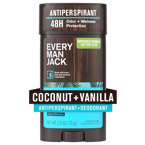 Every Man Jack Coconut + Vanilla Antiperspirant Deodorant  Smooth Glide, 48-Hour Odor & Sweat Defense, 2.6 oz