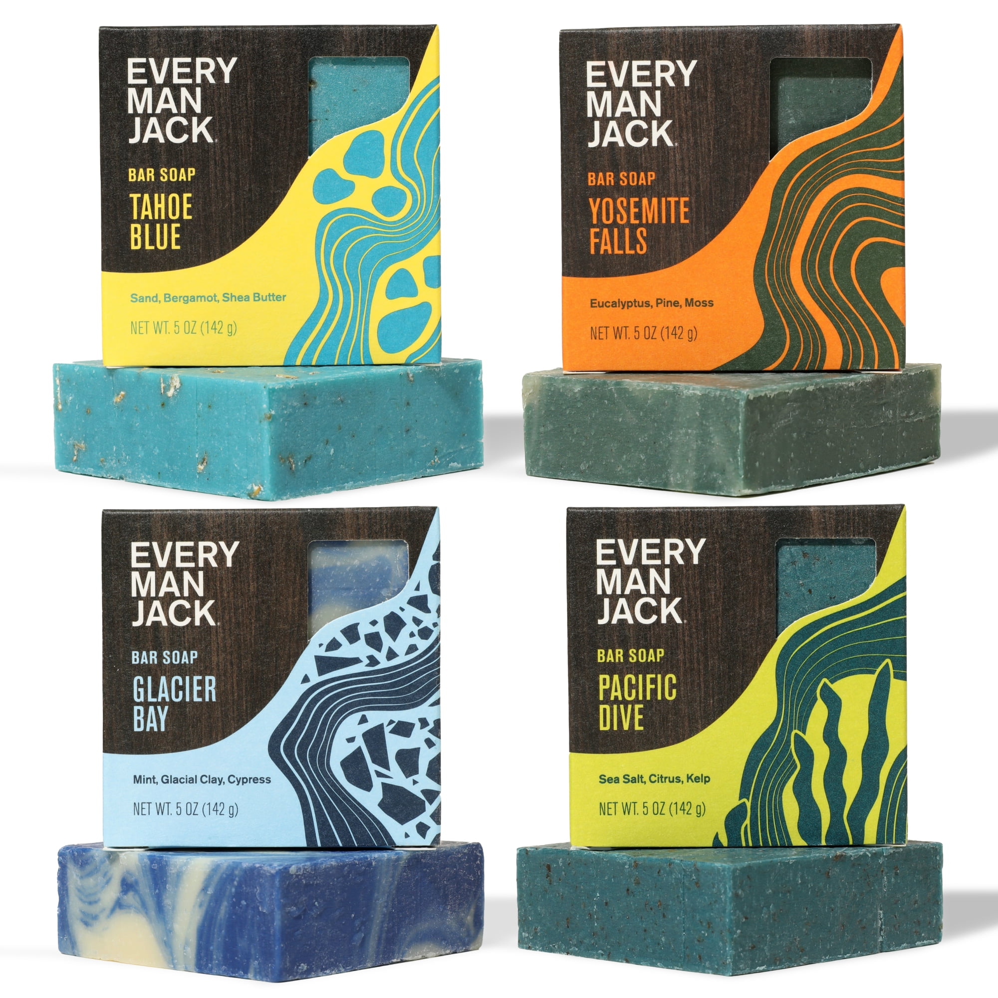 Every Man Jack Cold Processed Mens Bar Soap Variety Pack, Pacific Dive, Glacier Bay, Tahoe Blue and Yosemite Falls (4 Pack)