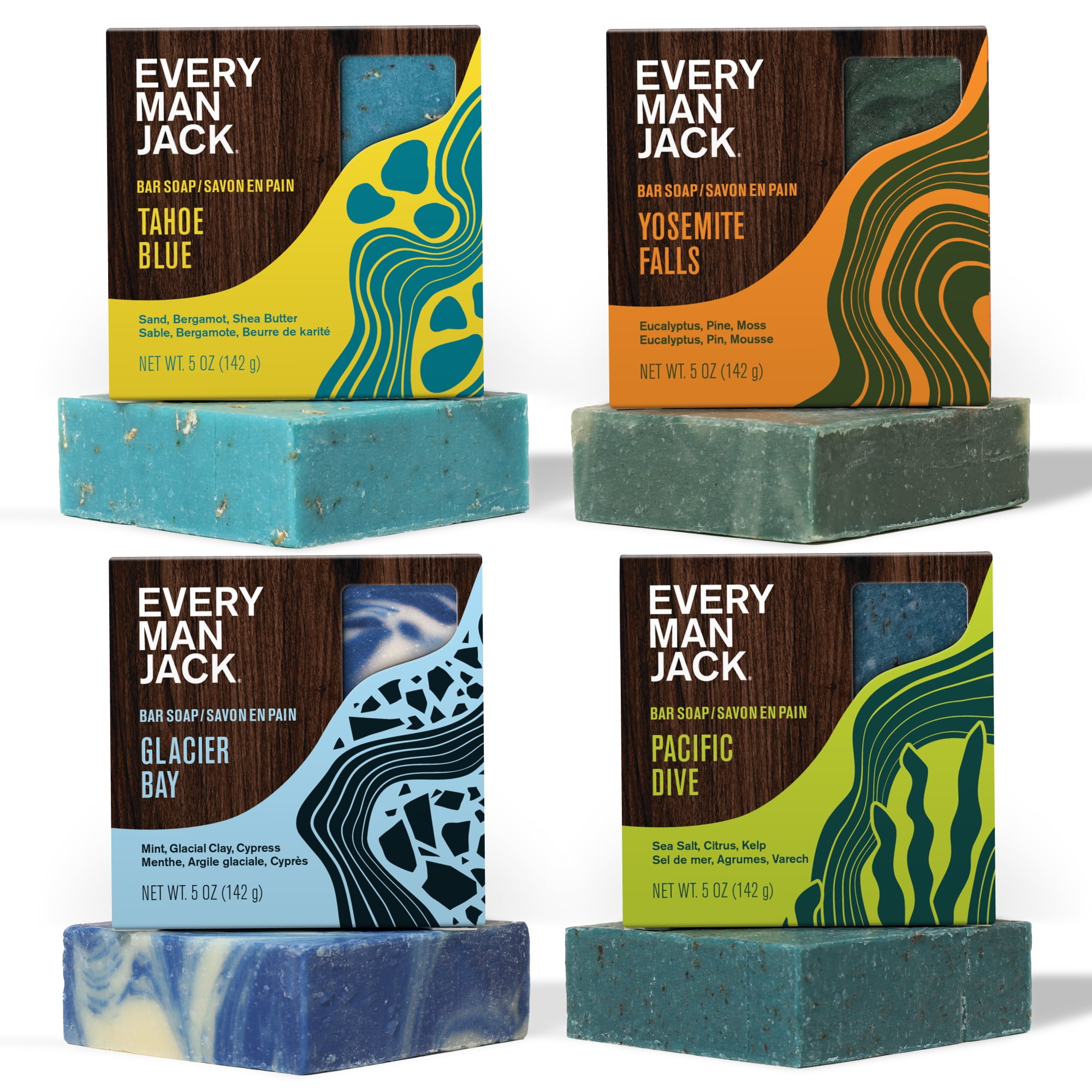 Every Man Jack Cold Processed Mens Bar Soap Variety Pack, Pacific Dive, Glacier Bay, Tahoe Blue and Yosemite Falls (4 Pack)