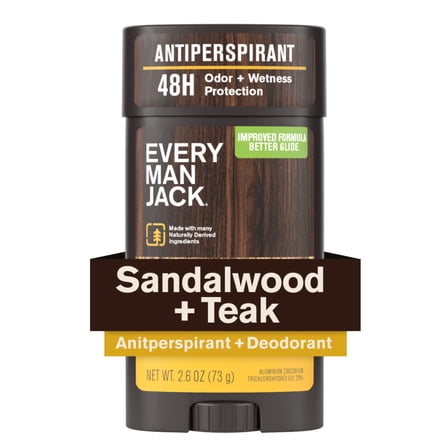 Every Man Jack Men’s Sandalwood Teak Antiperspirant Deodorant - Stay Fresh with Antiperspirant Men’s Deodorant - Odor Crushing, Long Lasting, Plant-Based, and No Harsh Chemicals - 2.6 oz