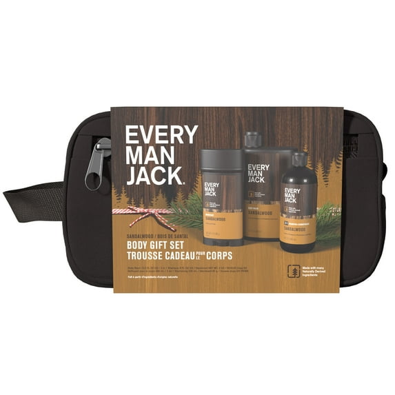 Every Man Jack Men's Bath and Body Christmas Holiday Gift Set for All Skin Types, Sandalwood, 4 Pieces - Body Wash, Shampoo, Deodorant, and Dopp Bag