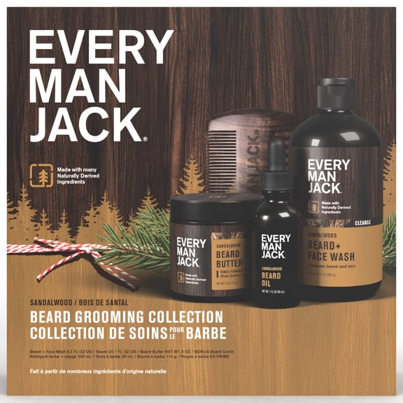 Every Man Jack Sandalwood Beard Kit Gift Set for Men, Face Wash, Beard Butter, Beard Oil & Comb