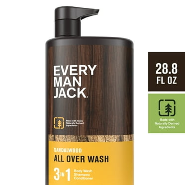 Every Man Jack Mens Hydrating 3 in 1 Body Wash, Shampoo & Conditioner, Sandalwood,28.8 oz