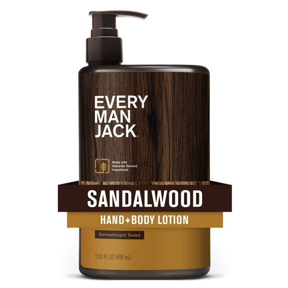 Every Man Jack Mens Sandalwood Hand & Body Lotion for All Skin Types - Dermatologist Tested & Hypoallergenic - Nourish Skin with Lightweight Fast Absorbing Natural Lotion - 13.5oz