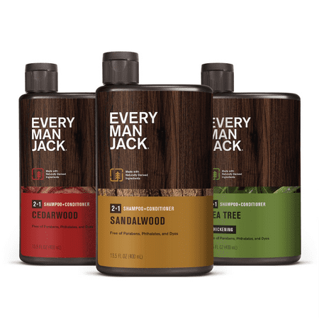 Every Man Jack Mens 2-in-1 Shampoo + Conditioner Variety Pack - Sandalwood, Thickening Tea Tree, & Cedarwood, 13.5oz