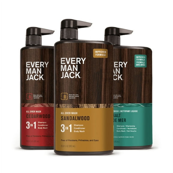 Every Man Jack Mens 3-in-1 All Over Wash Variety Pack - Cedarwood, Sandalwood, & Sea Salt, 28.8 oz
