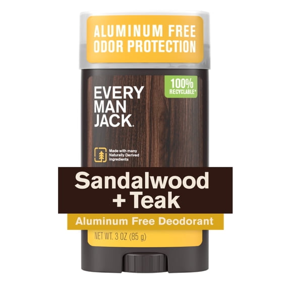 Every Man Jack Sandalwood Teak Aluminum-Free Deodorant for Men, Naturally Derived, 3 oz