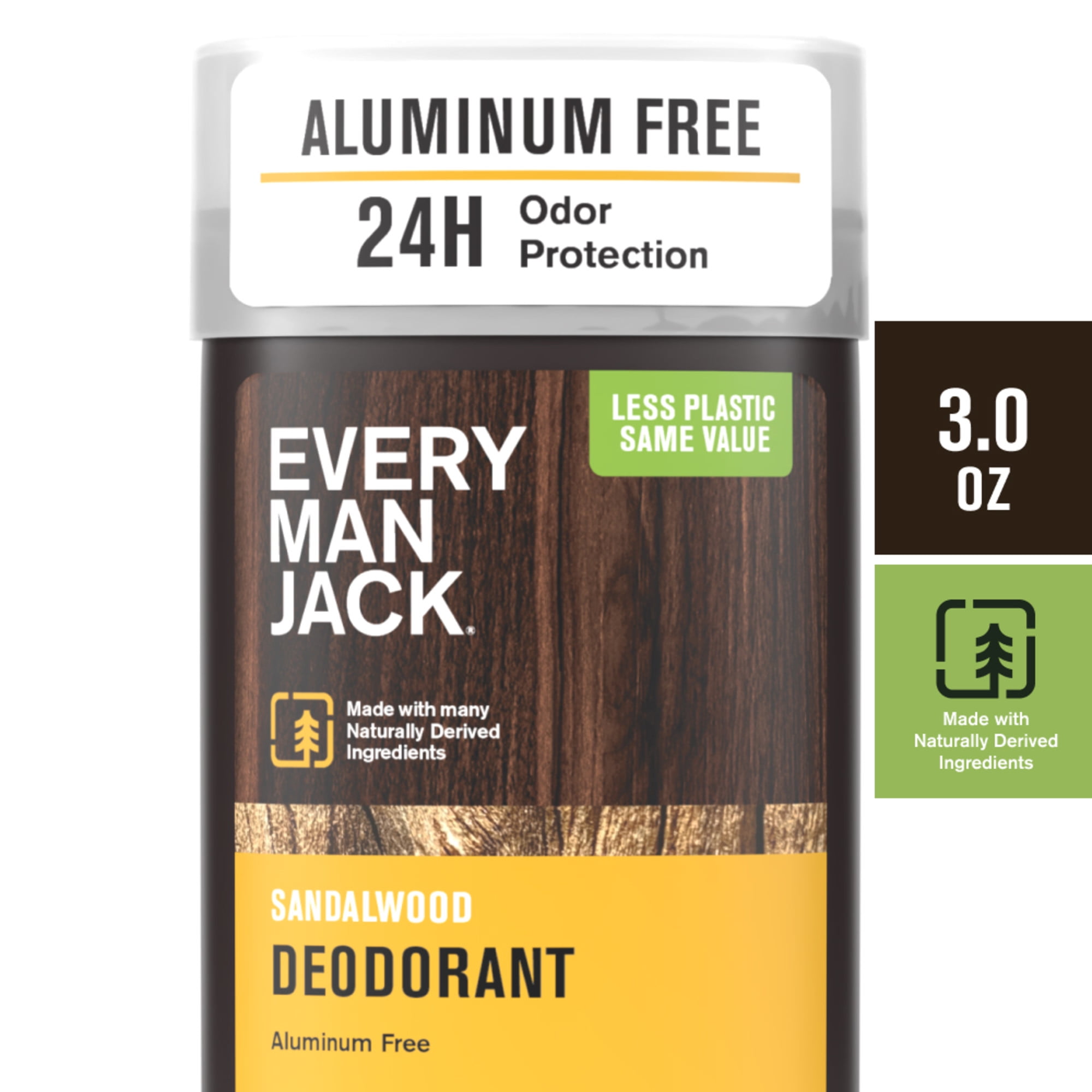 Every Man Jack Men's Aluminum Free Natural Deodorant for Long Lasting Odor Protection, Sandalwood, 3 Ox