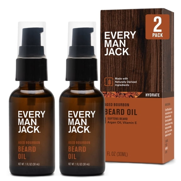 Every Man Jack Mens Beard Oil - Subtle Aged Bourbon Fragrance - Deeply Moisturizes and- 1 fl oz (2 Pack)