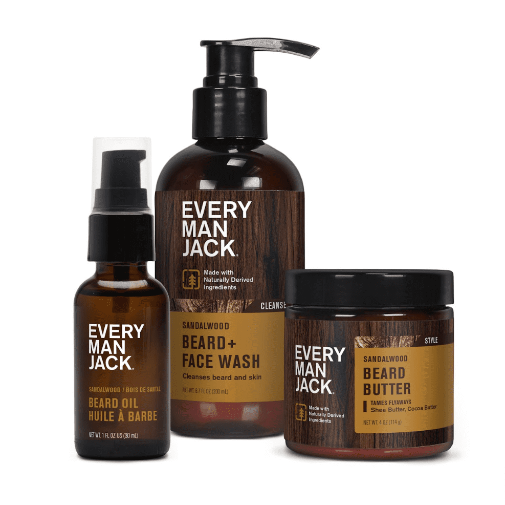 Every Man Jack Mens Sandalwood Beard Regimen Set - Beard & Face Wash, Beard Oil, & Beard Butter