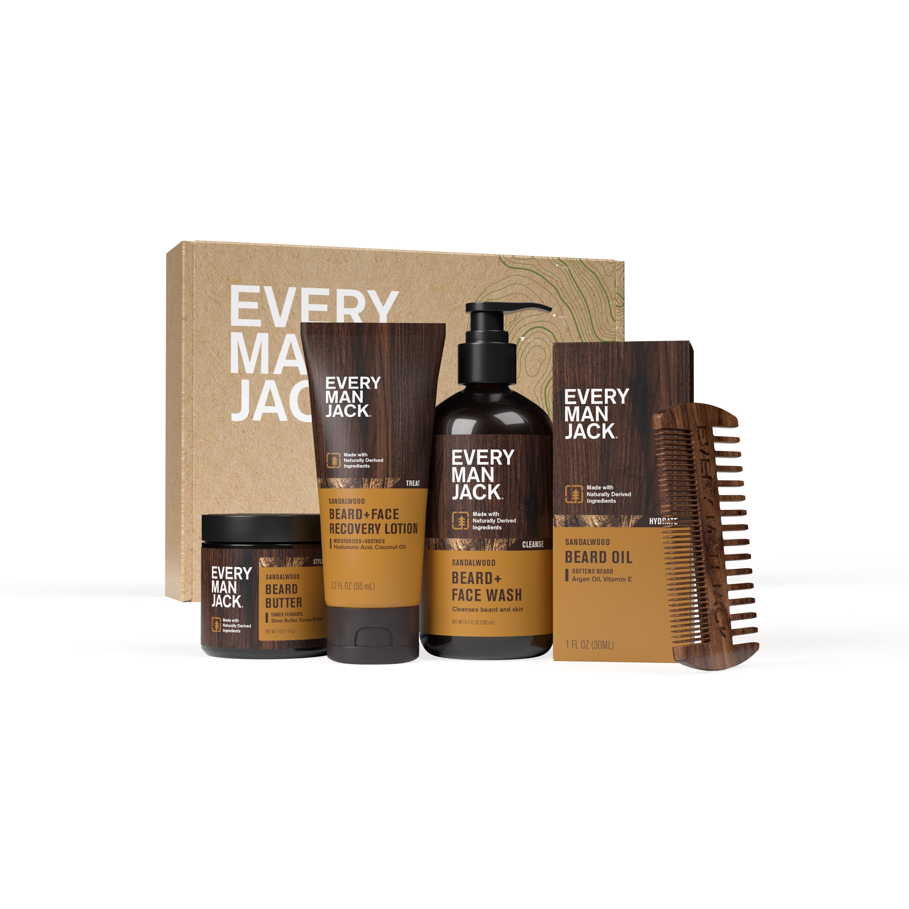 Every Man Jack Sandalwood Beard Bundle, Oil, Wash, Butter, Lotion, and Comb