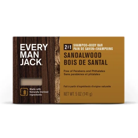 Every Man Jack Sandalwood Mens 2-In-1 Body Bar And Shampoo, 5 Oz, 2 Pack