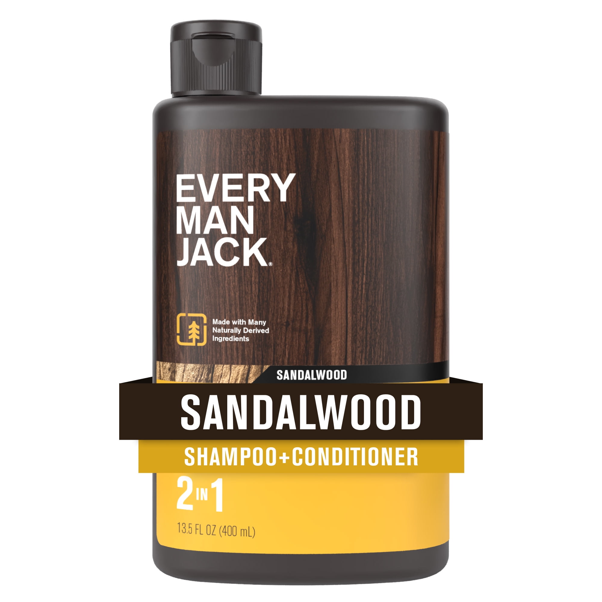 Every Man Jack Men's 2 in 1 Shampoo and Conditioner for All Hair Types, Sandalwood, 13.5 fl oz.