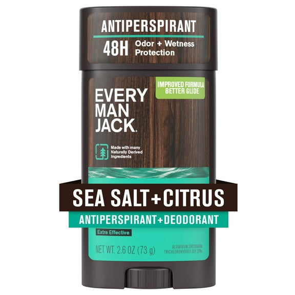 Every Man Jack Men's Sea Salt and Citrus Antiperspirant Deodorant - Long Lasting, Plant-Based, No Harsh Chemicals, 2.6 oz
