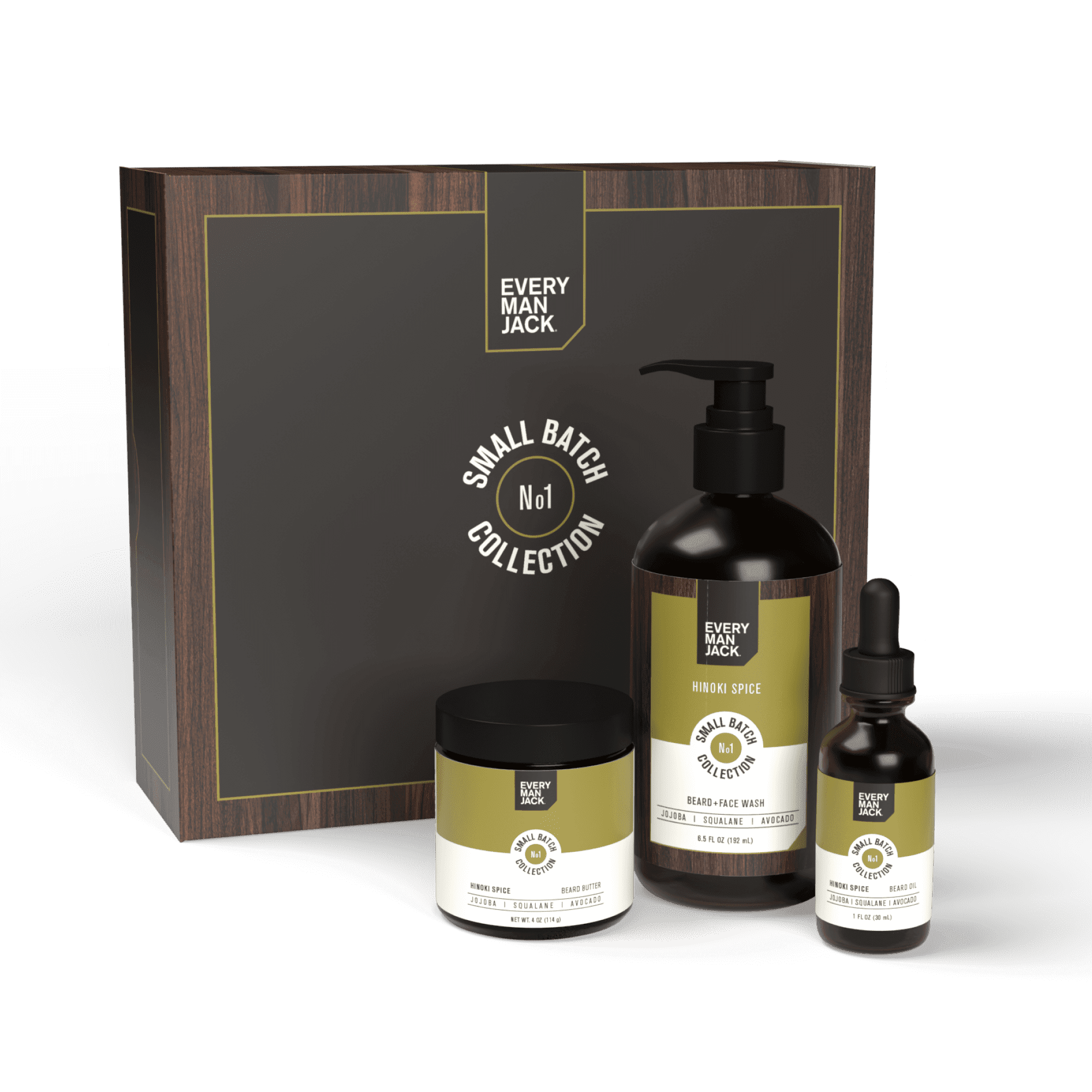 Every Man Jack Small Batch Beard Set, Hinoki Spice Fragrance - Beard Wash, Beard Oil and Beard Butter
