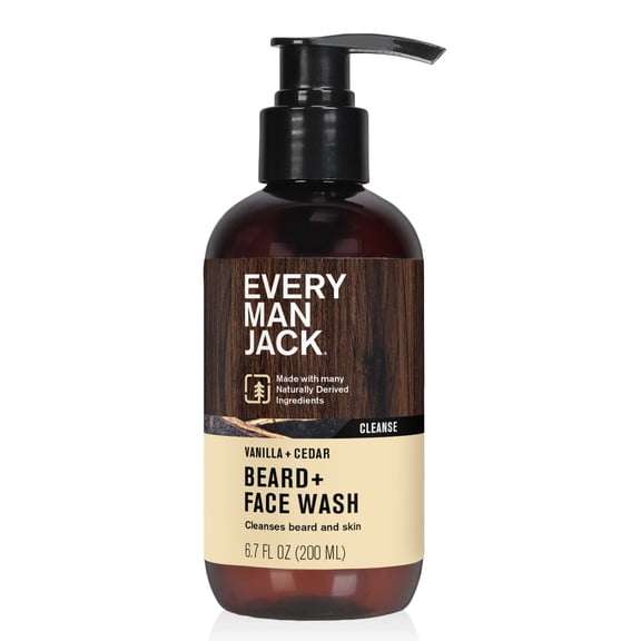 Every Man Jack Beard + Face Wash - Vanilla & Cedar Fragrance - Cleans & Softens Your Beard and Skin - Naturally Derived w/ Aloe and Glycerin- 6.7 fl oz
