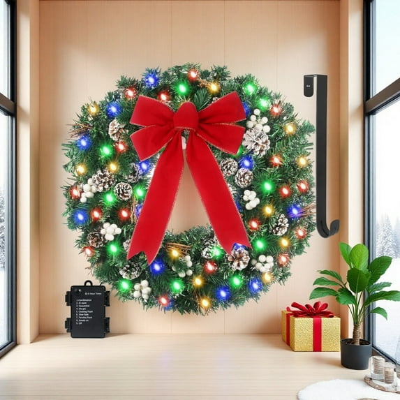 Every Moment Counts 24" Multicolor Battery Operated Christmas Wreath, Colorful LED Lights with Pine Cones, Holiday Party Decor
