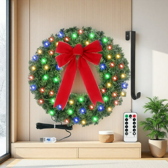 Every Moment Counts 24" Multicolor USB Operated Christmas Wreath with Remote and Hanger, Colorful LED Lights, Holiday Party Decor