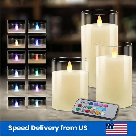Every Moment Counts 3-Pack Multicolor Remote Flameless Candles, Glass LED Timer Candles for Holiday, Party, Dining Table Setting