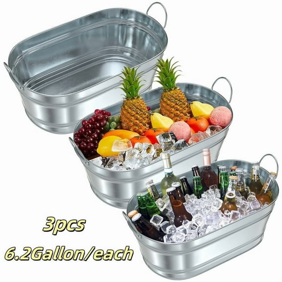 Every Moment Counts 3 Pcs Insulated Galvanized Metal Ice Bucket with Handles, 23 L/Each, Drink Tub Party Coolers, Bar Accessories, Champagne Bucket, Ice Buckets For Parties