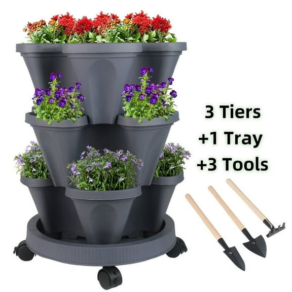 Every Moment Counts 3-Tier Stackable Vertical Garden Planter for Strawberries, Herbs & Vegetables – Indoor/Outdoor Space-Saving Design, Grow Fresh Produce on Patios, Balconies, or Gardens, Dark Gray