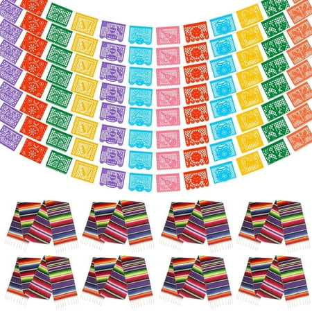 Every Moment Counts Fiesta Decoration Set, Cinco De Mayo Decor, Fiest Themed Fiesta Party Decorations, 8 PCS 14x110in Mexican Serape Table Runners, 264 FT(22FTx12) Papel Picado Banner