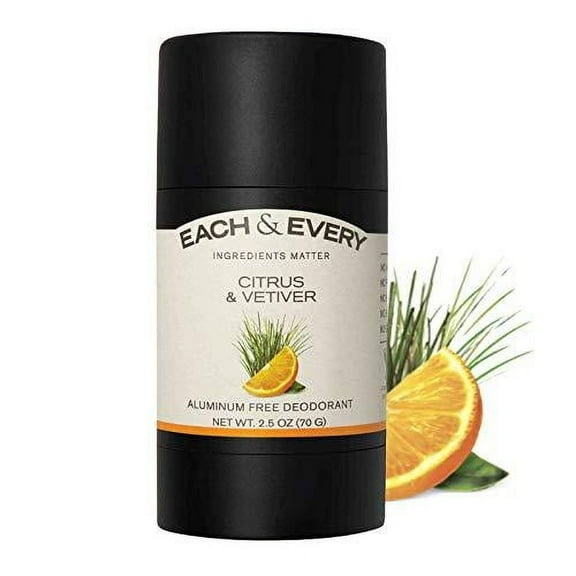 Each & Every Natural Aluminum-Free Deodorant for Sensitive Skin with Essential Oils, Plant-Based Packaging, Citrus & Vetiver, 2.5 Oz. 2.5 Ounce (Pack of 1)